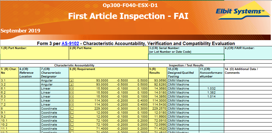 AS9102 FAI Form 3 with results